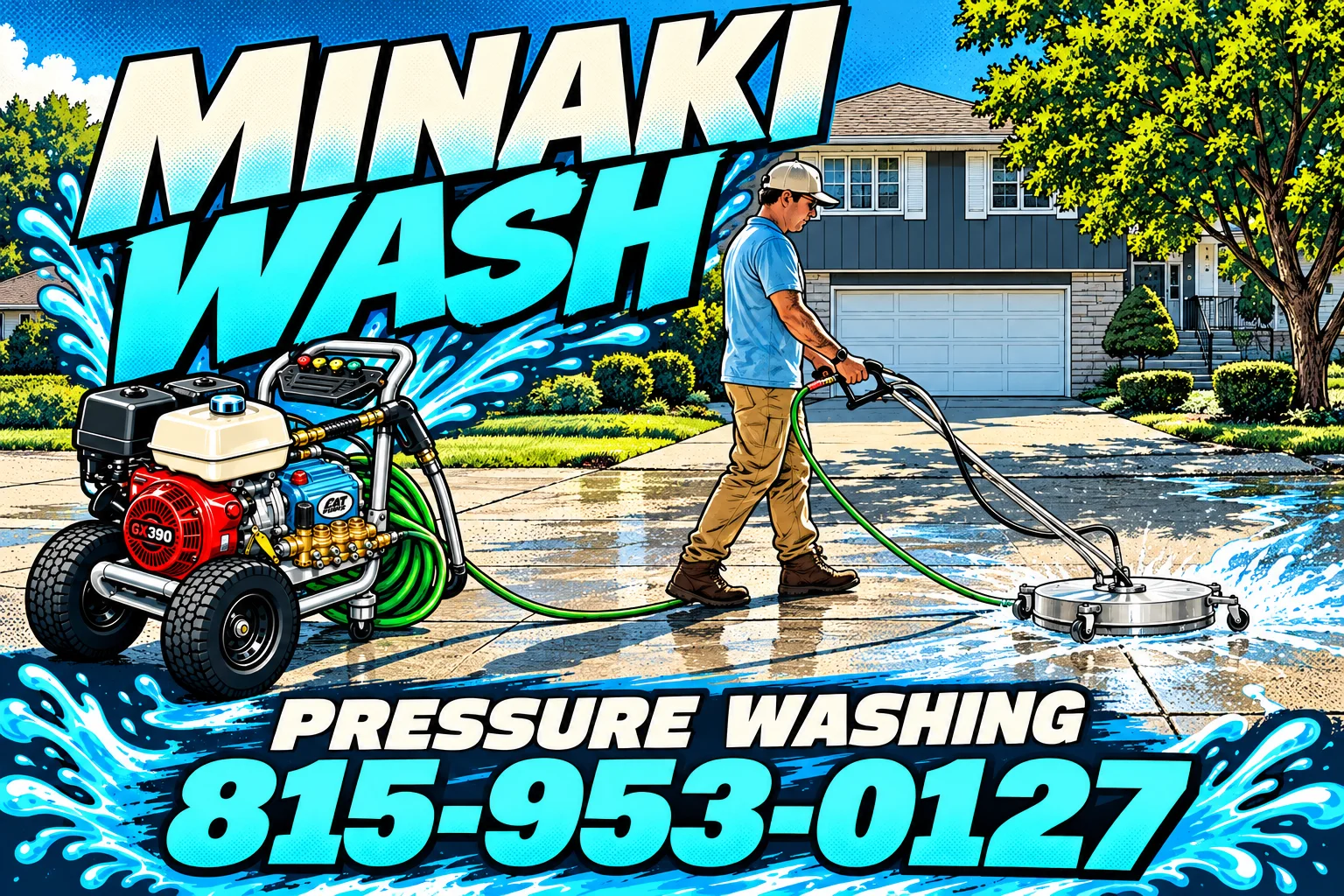 Illustration: Minaki Wash cleaning a driveway with a surface cleaner, pressure washer beside him. Pressure washing, 815-953-0127