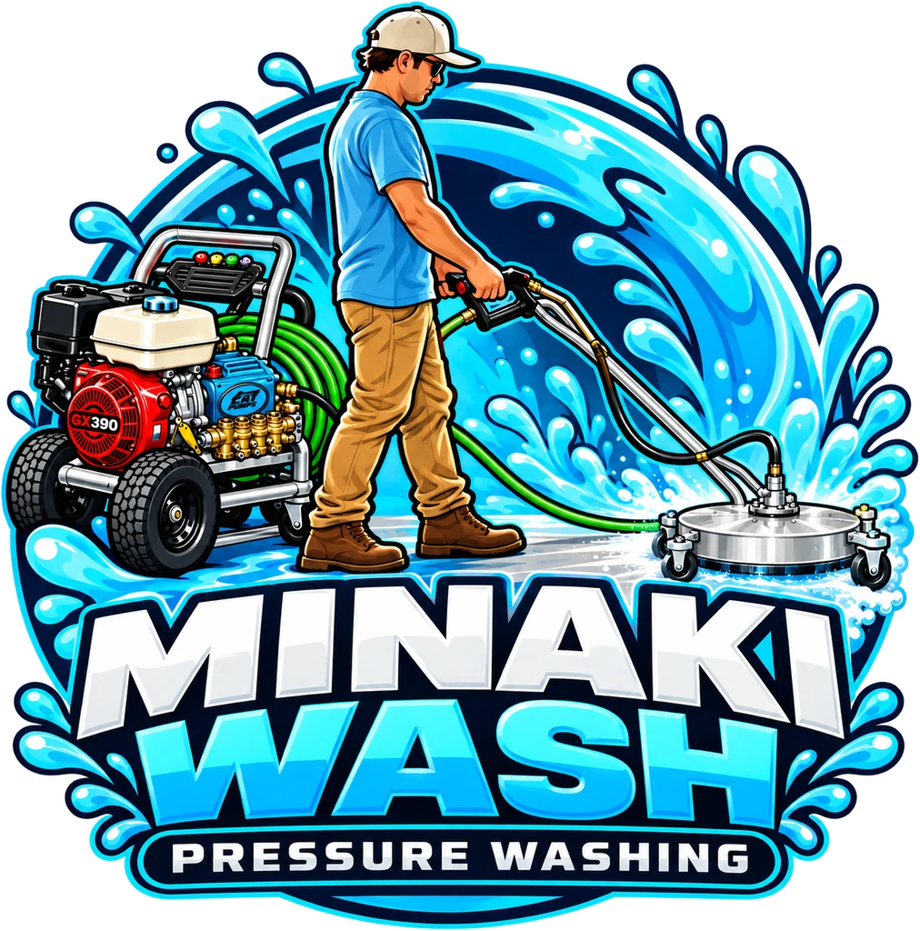 Minaki Wash Pressure Washing logo: a worker running a surface cleaner beside the pressure washer, surrounded by water splashes